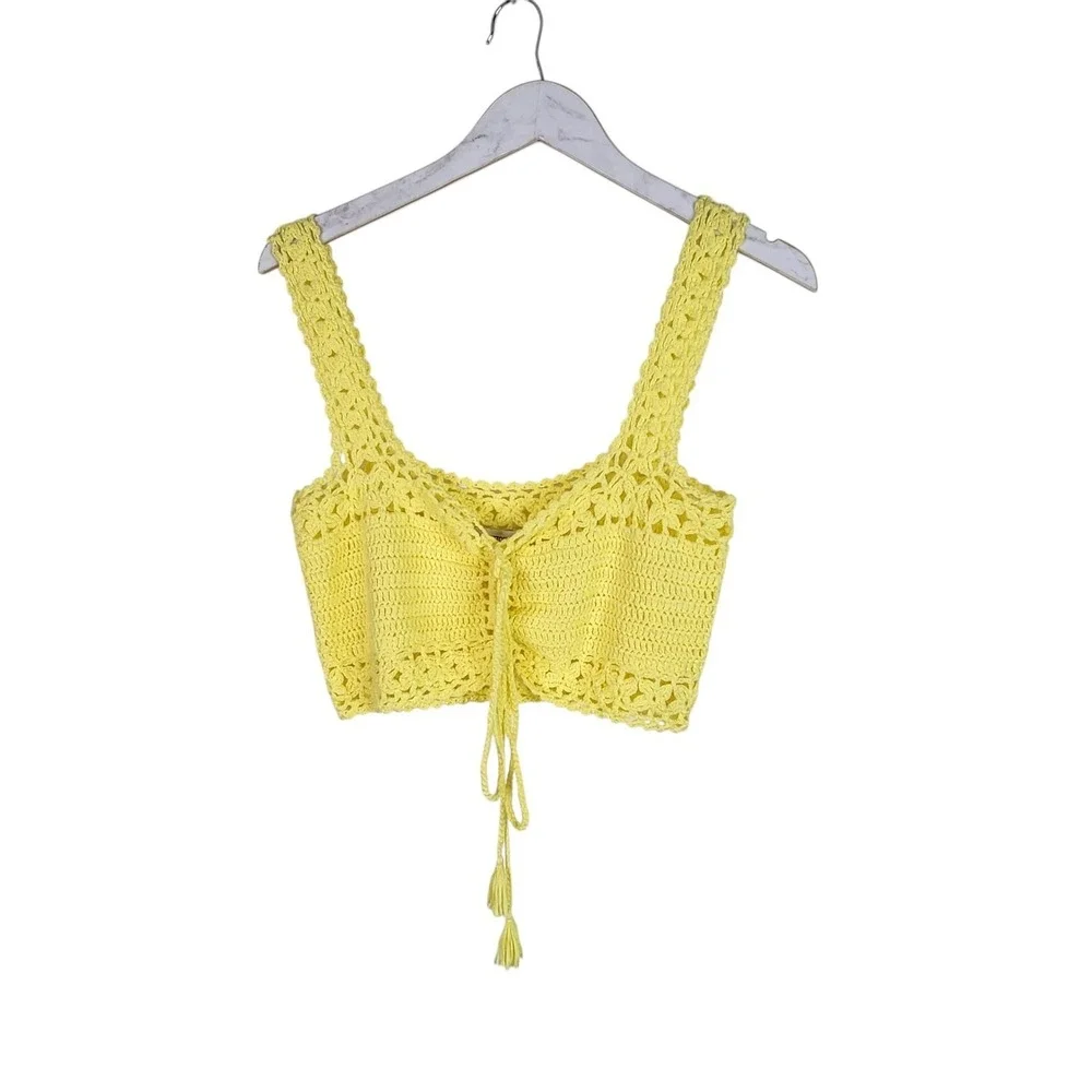 COTTON EMPORIUM Tank Top Womens Large Yellow Crochet Tie Front Crop Summer‎